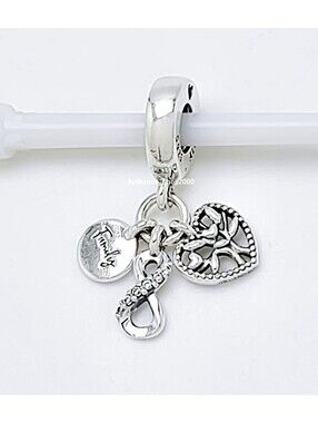 Family Tree Infinity Heart Large Hole Bead Charm Silver Tone CZ Dangle